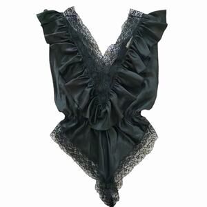Vintage 70s Lily of France Black Satin Ruffle Lace Teddy Romper Size Large